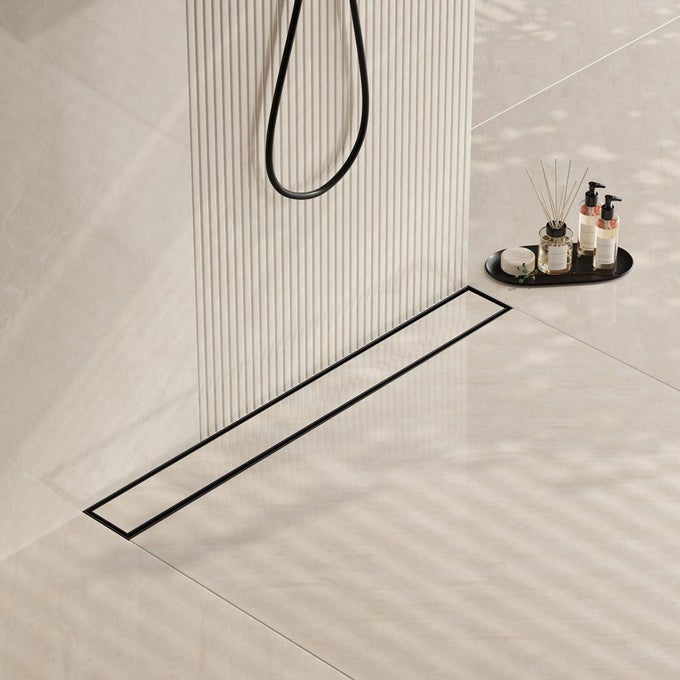 48 IN MATTE BLACK LINEAR SHOWER DRAIN WITH 2IN1 FLAT TILE INSERT COVER 304 STAINLESS STEEL RECTANGLE SHOWER FLOOR DRAINFLOOR SHOWER DRAIN