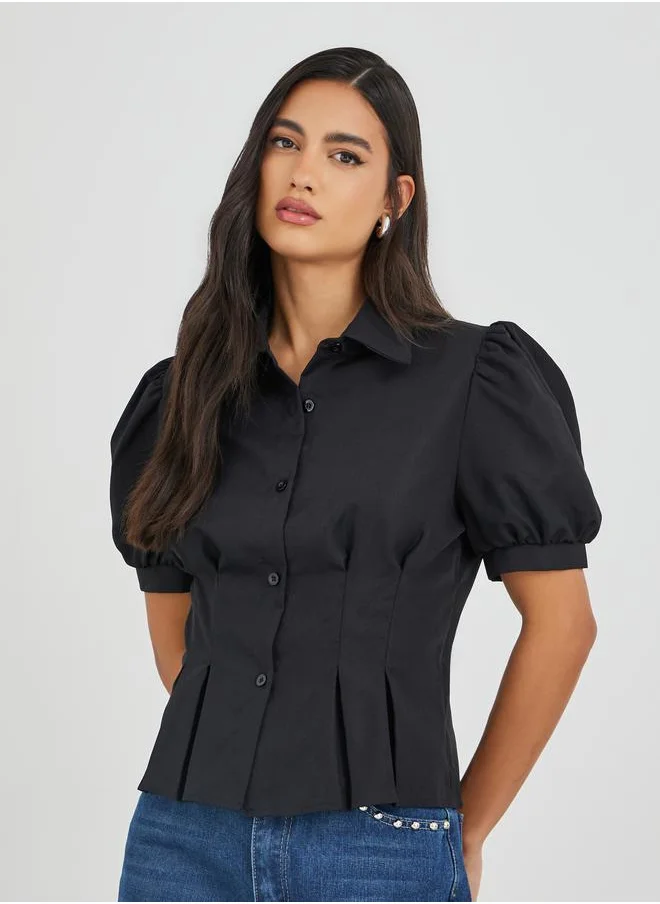 ستايلي Styli Solid Puff Sleeve Pleated Detail Shirt