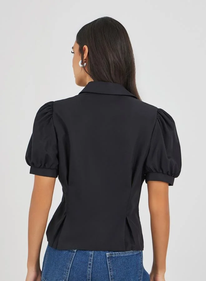 Styli Styli Solid Puff Sleeve Pleated Detail Shirt