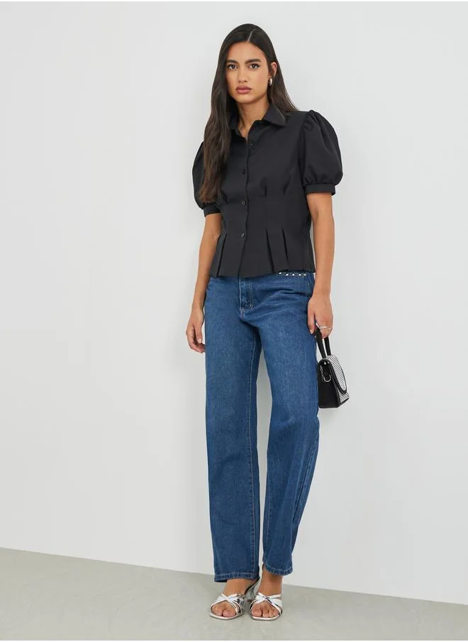 ستايلي Styli Solid Puff Sleeve Pleated Detail Shirt