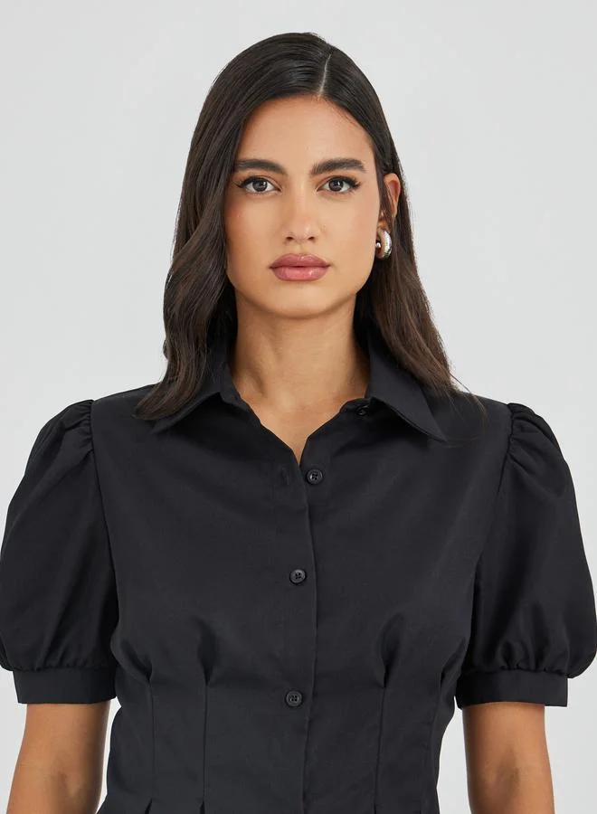 Styli Styli Solid Puff Sleeve Pleated Detail Shirt