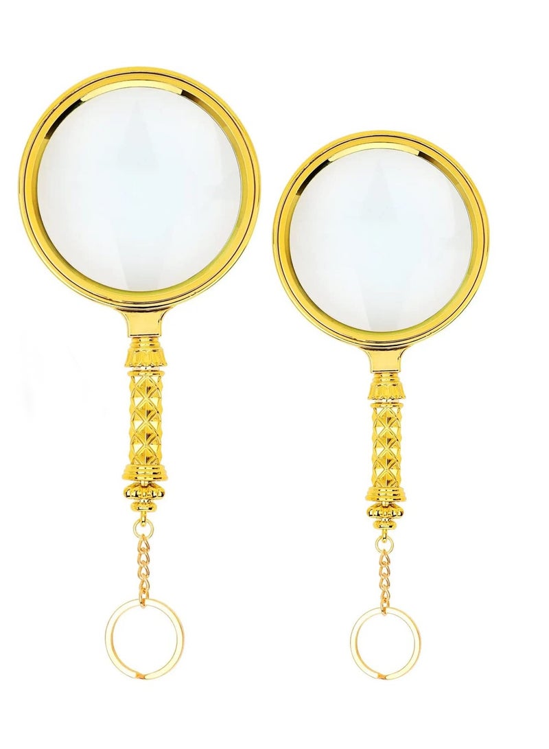 SOLARAE Magnifying Glass, 10X Handheld Reading Magnifier with Detachable Carved Handle and Keychain, 80mm and 60mm Magnify Glasses Lens, Magnifier Glass for Book Reading, Nature Exploration 2 Pcs, Gold - Image 1