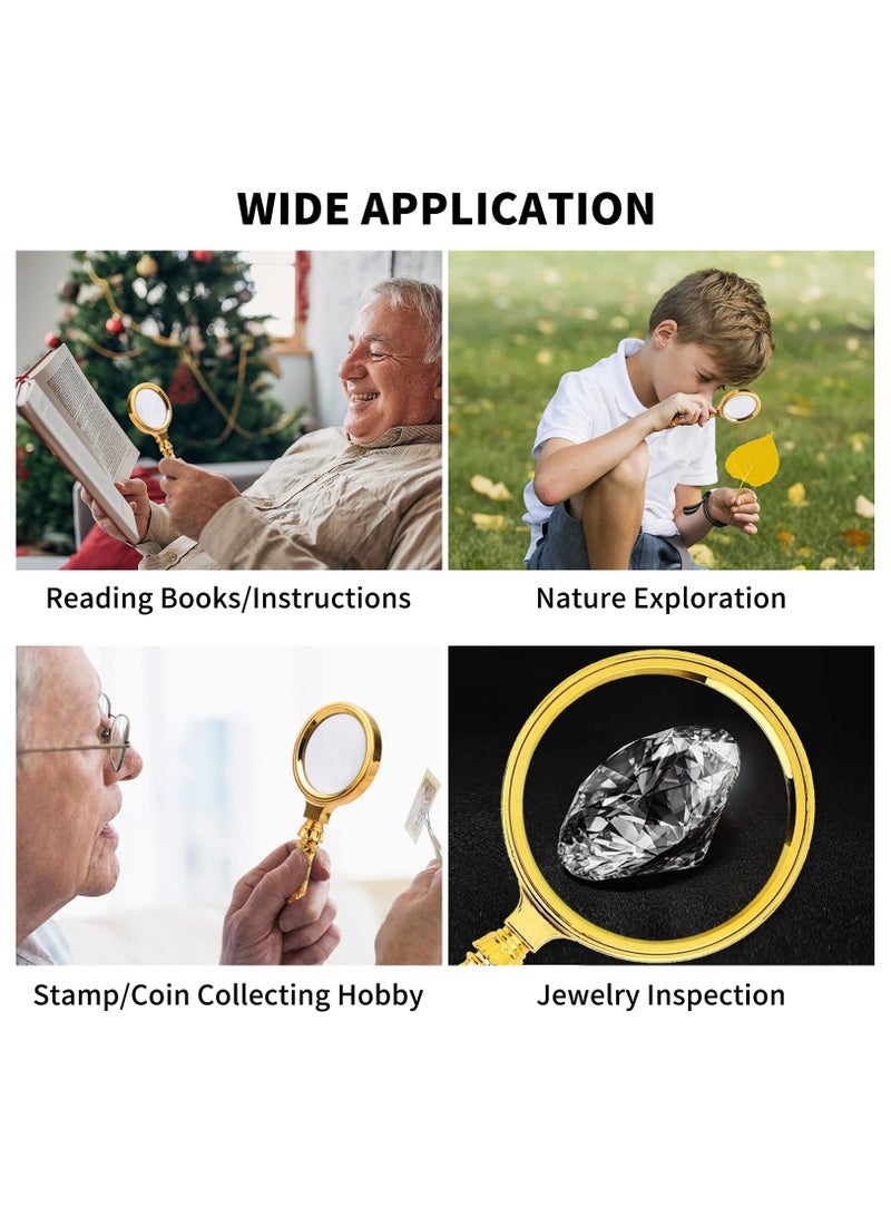 SOLARAE Magnifying Glass, 10X Handheld Reading Magnifier with Detachable Carved Handle and Keychain, 80mm and 60mm Magnify Glasses Lens, Magnifier Glass for Book Reading, Nature Exploration 2 Pcs, Gold - Image 5