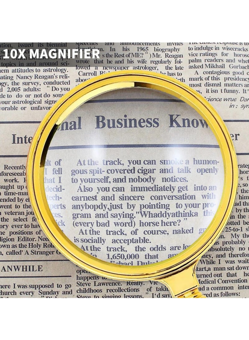 SOLARAE Magnifying Glass, 10X Handheld Reading Magnifier with Detachable Carved Handle and Keychain, 80mm and 60mm Magnify Glasses Lens, Magnifier Glass for Book Reading, Nature Exploration 2 Pcs, Gold - Image 3
