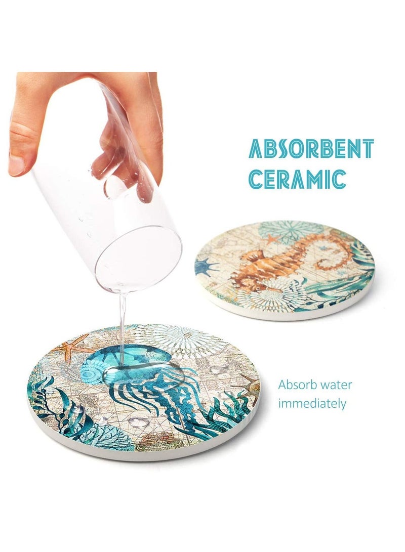 Y&D Absorbent Cork Coaster Marine Style,cork Base with Holder,oastal Decor Beach Theme Tropical for Housewarming Apartment Kitchen Bar Decor, Wooden Table Coffee Table,set of 8 - Image 4