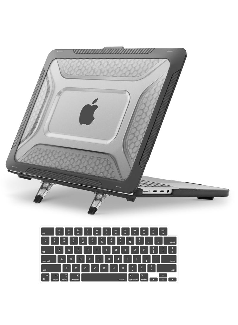 erorex Compatible with MacBook Pro 16 inch Case 2025-2021 M3 A2991 M2 A2780 M1 A2485, Honeycomb Shockproof Heavy Duty TPU Bumper Plastic Hard Case with Fold Kickstand&Keyboard Cover, Black  - Image 1