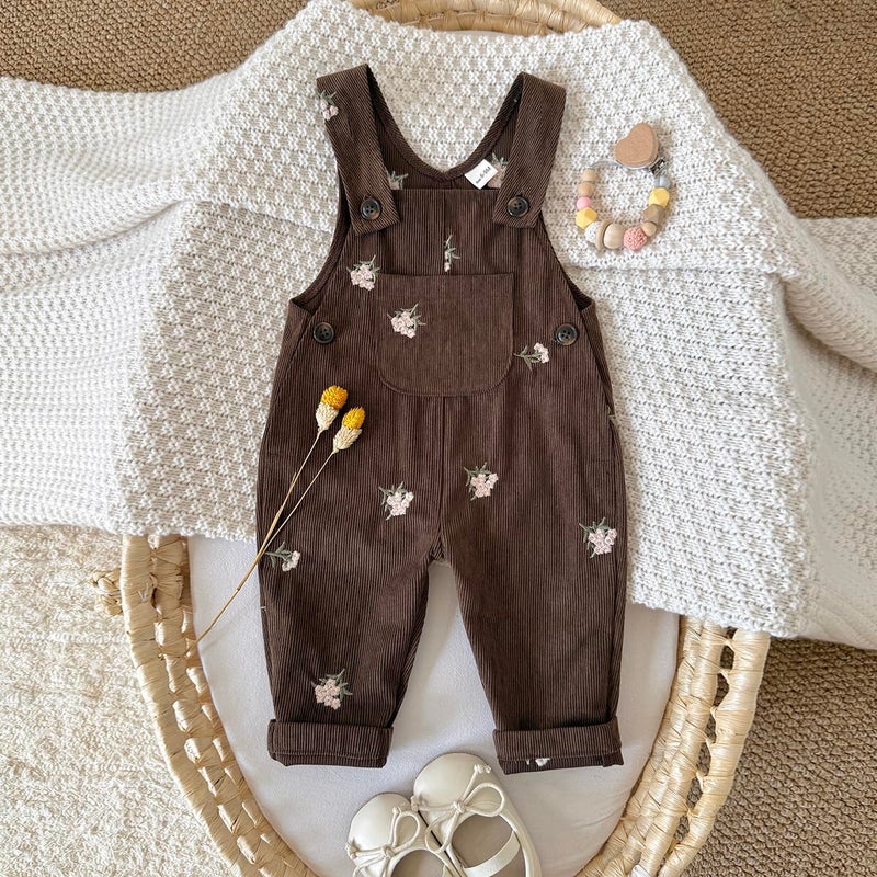 Korago Baby Girl Overalls Corduroy with Floral Embroidery,Beige Toddler Jumpsuit Romper,Soft Overall for Girls (6 Months-3T) (US, Age, 24 Months, Brown) - Image 2