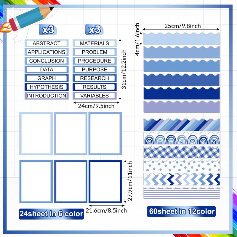 Fuyoooo 90 Pcs Science Fair Board Supplies 60 Trim Scalloped Bulletin Board Borders 24 Presentation Board Subtitles 6 Science Fair Titles for Classroom Display Boards (Blue Boho) - Image 2