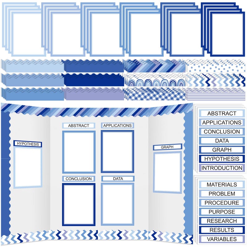 Fuyoooo 90 Pcs Science Fair Board Supplies 60 Trim Scalloped Bulletin Board Borders 24 Presentation Board Subtitles 6 Science Fair Titles for Classroom Display Boards (Blue Boho) - Image 1