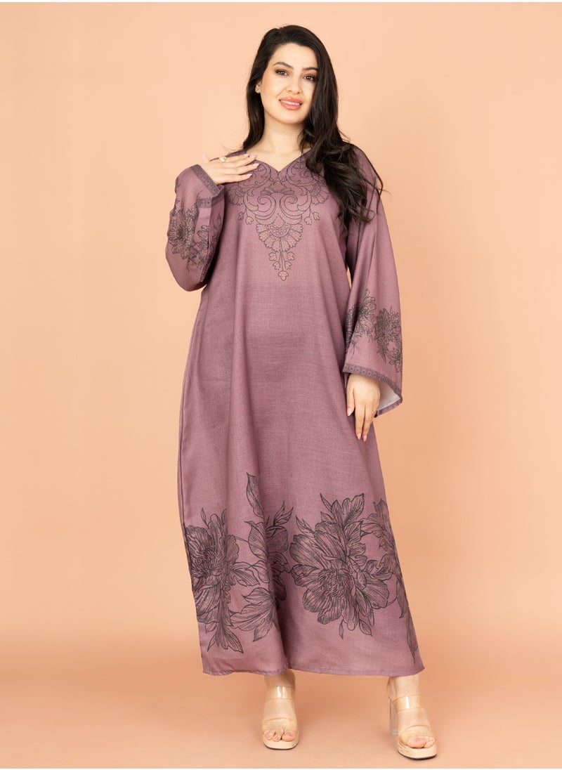 IKKXA Embellished Floral Touch Solid Jalabiya IN1025 Violet  - Image 1