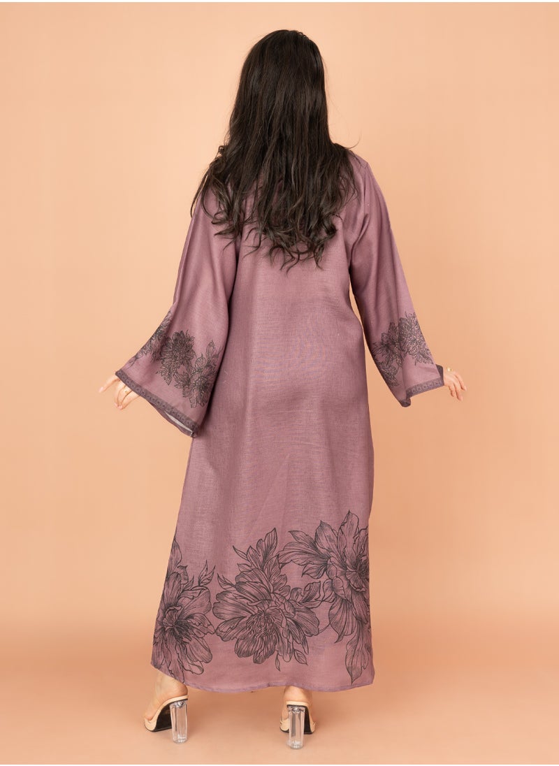 IKKXA Embellished Floral Touch Solid Jalabiya IN1025 Violet  - Image 4
