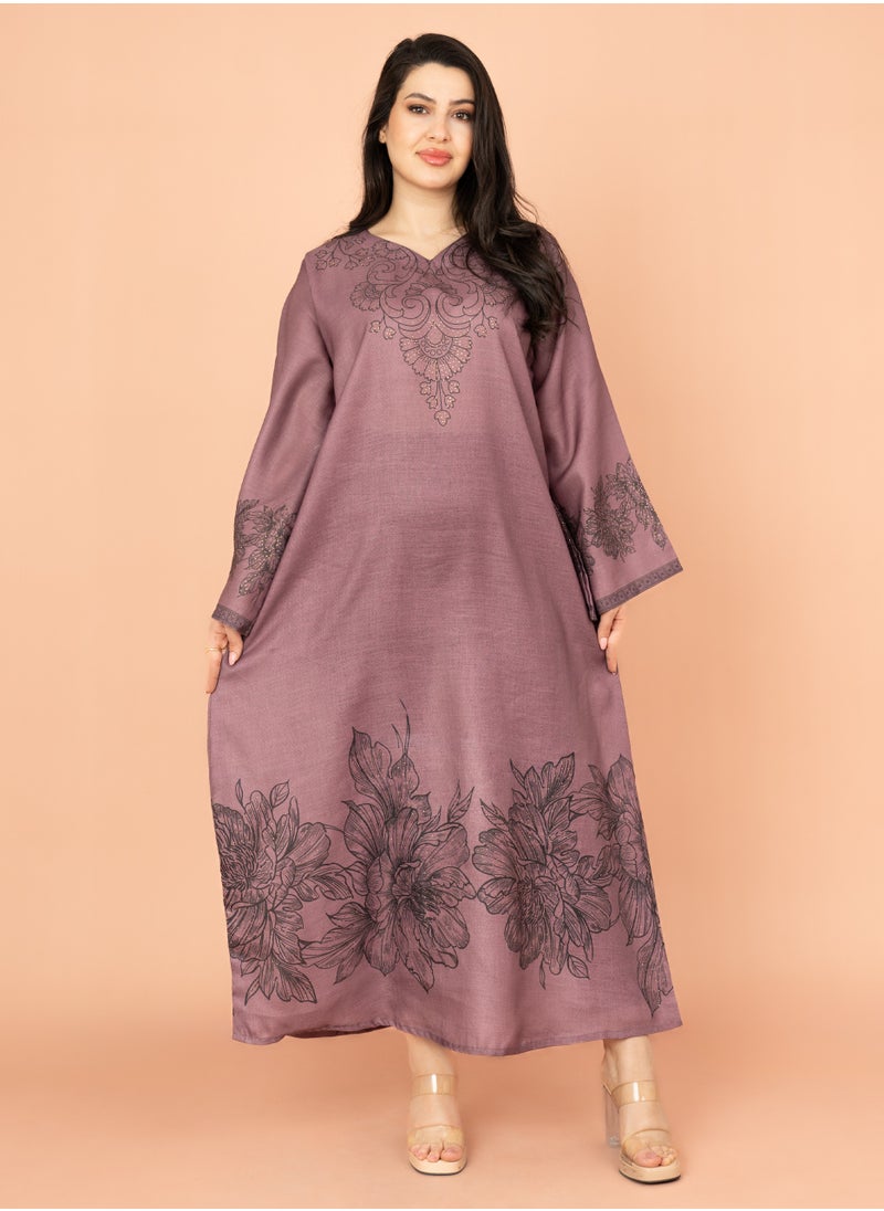 IKKXA Embellished Floral Touch Solid Jalabiya IN1025 Violet  - Image 5