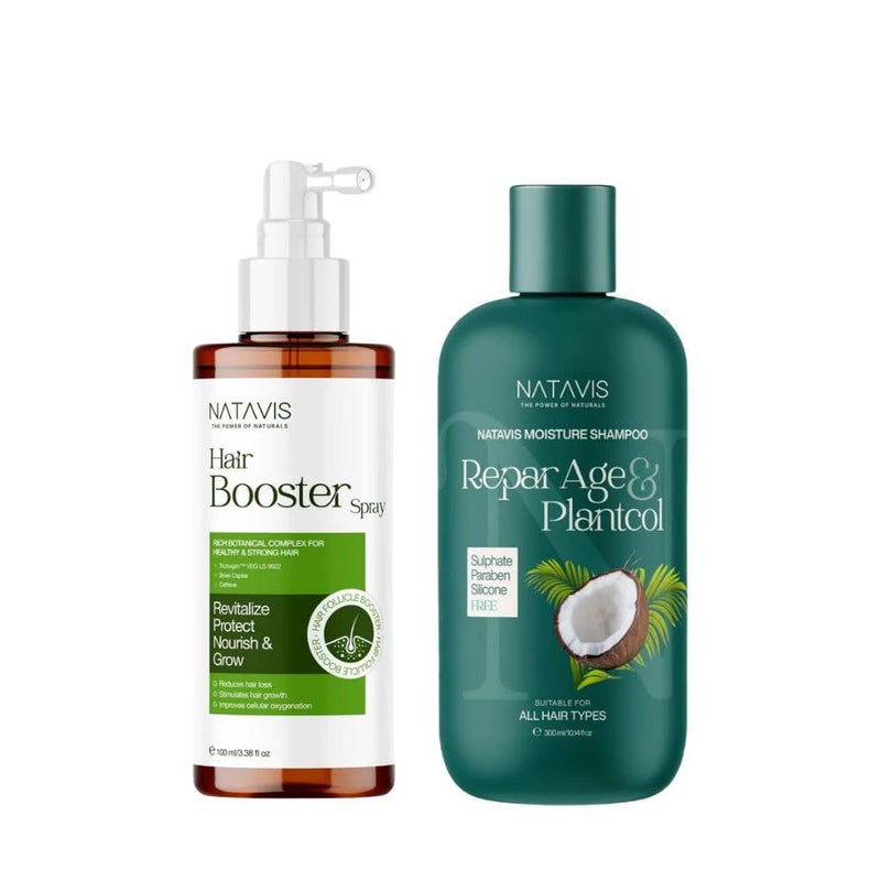 Natavis Scalp Therapy Bundle (Moisture Shampoo 300 ml & Hair Booster Spray 100 ml) Sulfate & Silicon and Paraben-FREE | Stop hair fall at the root-Naturally