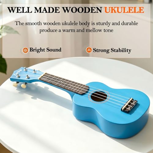 Everjoys Soprano Ukulele Beginner Kit 21 Inch w/Free Online Lesson Gig Bag Tuner Picks Strap, Fast to Learn (Blue) - Image 5