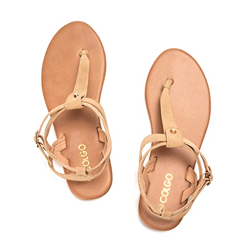 Colgo Thong Flat Sandals, Casual Women T-Strap Dress Sandals with Adjustable Ankle Buckle for Summer Wedding (Light Brown/Sdl,9) - Image 4