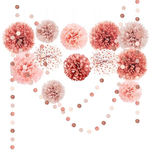 NICROLANDEE Rose Gold Wedding Decorations 15 PCS Tissue Paper Pom Poms for Engagement Party Wedding Birthday Bridal Shower Bachelorette Dot Paper Garlands Rose Gold Valentines Party Backdrop Decor - Image 1