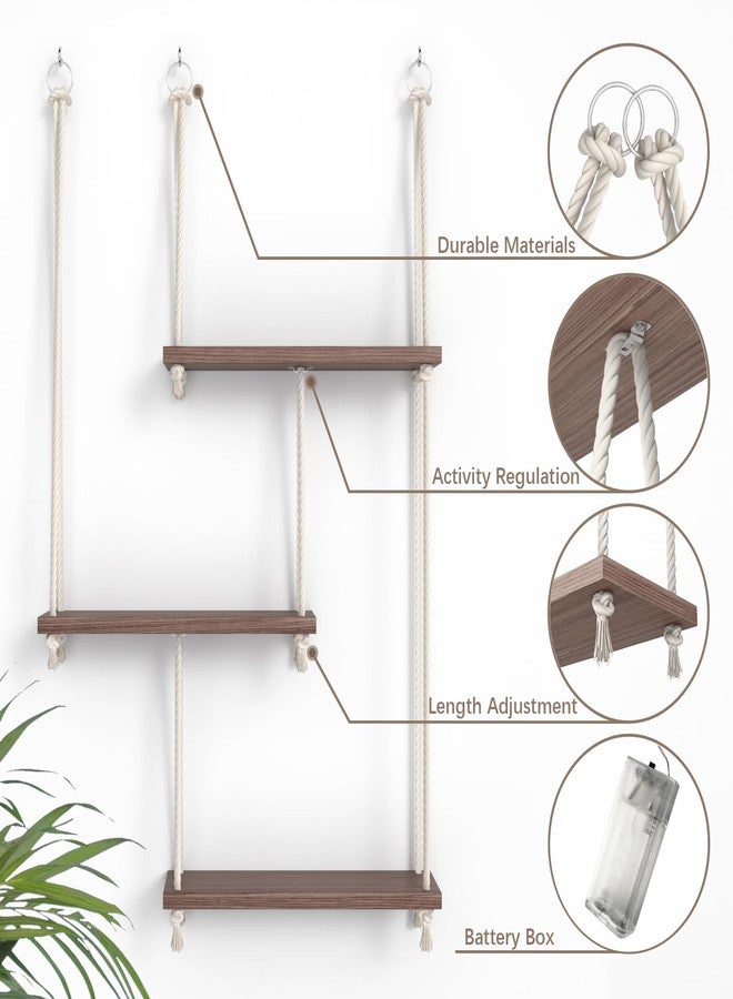 REFGY Hanging Shelves for Wall with Vine Lights, 3 Tier Rope Wall Hanging Plant Shelf, Boho Wall Decor Aesthetic for Succulents, Bedroom, Living Room, Bathroom (Rustic Brown) - Image 3