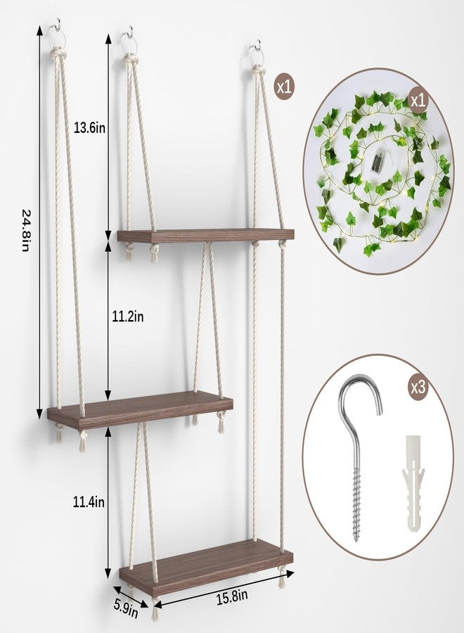 REFGY Hanging Shelves for Wall with Vine Lights, 3 Tier Rope Wall Hanging Plant Shelf, Boho Wall Decor Aesthetic for Succulents, Bedroom, Living Room, Bathroom (Rustic Brown) - Image 2