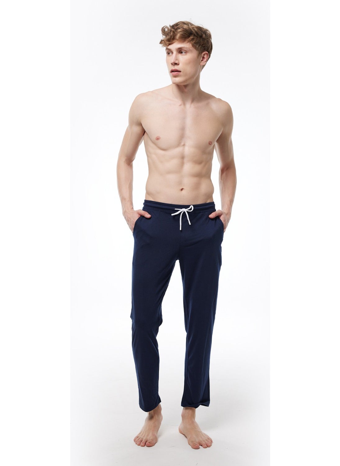 Malabadi - Men's Navy Blue Elastic Waist Pocket Single Bottom Straight Leg Pajamas 6003 - Image 1