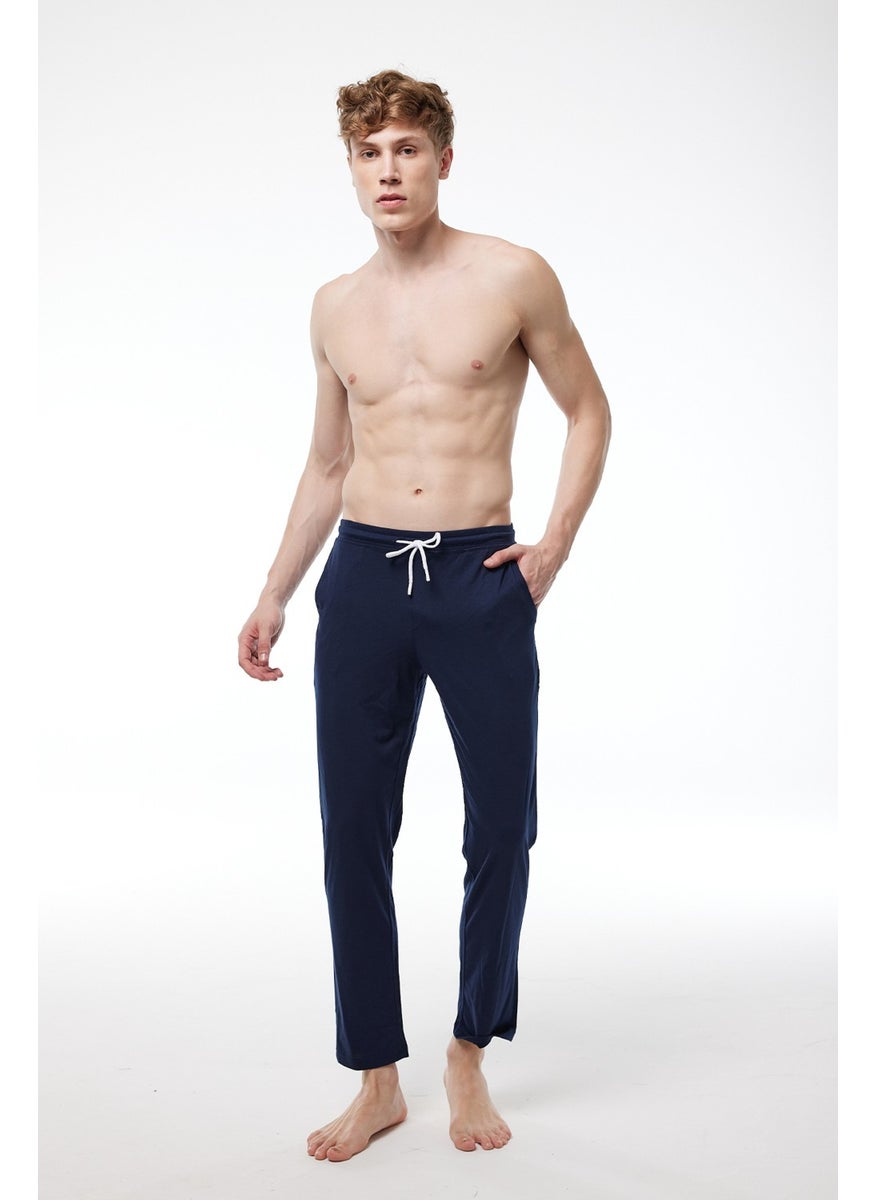 Malabadi - Men's Navy Blue Elastic Waist Pocket Single Bottom Straight Leg Pajamas 6003 - Image 1