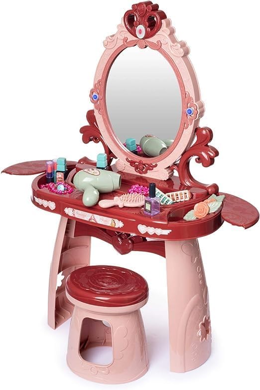 Onecado Onecado Mirror Makeup Table for Children Beauty Set Girls Pretend Cosmetic Box Makeup with Mirror Chair Set for Toddlers Kids Little Girls Pink Makeup Kits Toys 