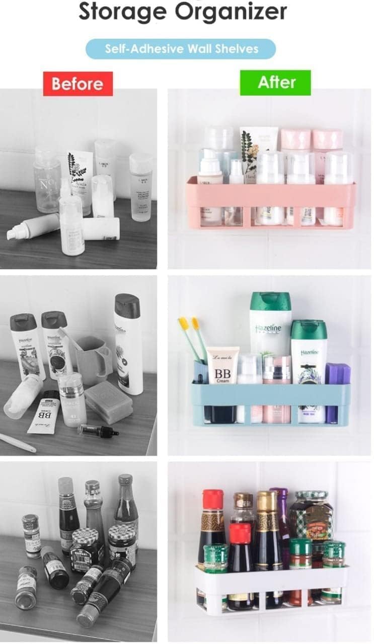 TEKCOOL Wall Shelves Kitchen Bathroom Shelf Self-Adhesive Sticker Hook Multipurpose Wall Holder Bathroom Storage Rack Box Strong Shower Rack Shelf (Set of 2 Bath Self and 1 Towel) - Plastic - Image 5