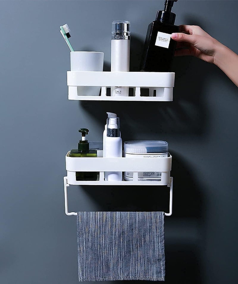 TEKCOOL Wall Shelves Kitchen Bathroom Shelf Self-Adhesive Sticker Hook Multipurpose Wall Holder Bathroom Storage Rack Box Strong Shower Rack Shelf (Set of 2 Bath Self and 1 Towel) - Plastic - Image 1
