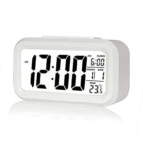 Kadio Digital Alarm Clock,Battery Operated Small Desk Clocks,with Date,Indoor Temperature,Smart Night Light,LCD Electronic Clock for Bedroom Home Office - White (KDwhite) - Image 1