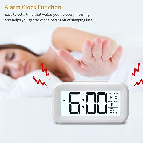 Kadio Digital Alarm Clock,Battery Operated Small Desk Clocks,with Date,Indoor Temperature,Smart Night Light,LCD Electronic Clock for Bedroom Home Office - White (KDwhite) - Image 2