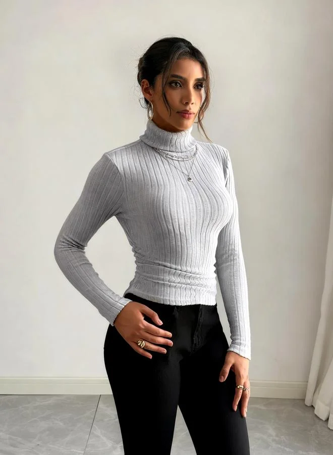 Take Two Women Grey Ribbed Turtleneck Top