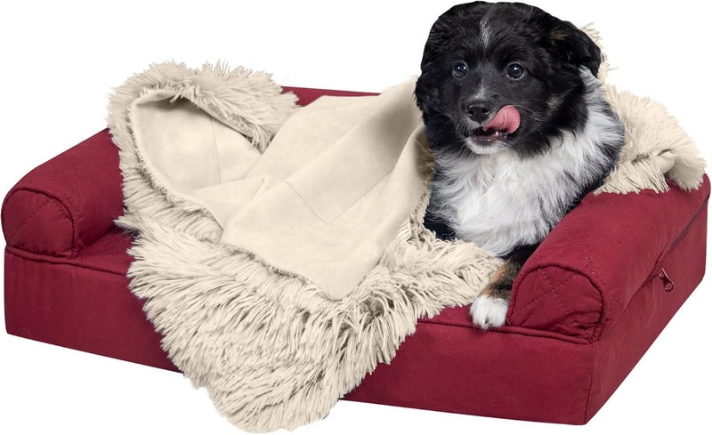 Waterproof Throw Blanket for Dogs & Indoor Cats, Washable - Shaggy Plush Calming Long Faux Fur & Velvet Dog Blanket - Taupe, Small - Image 1
