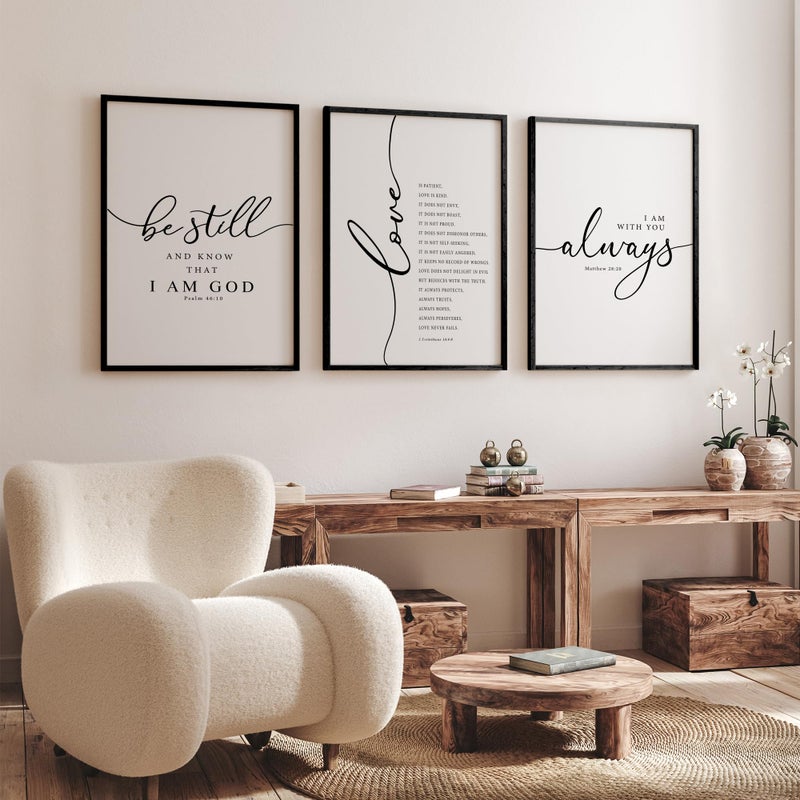 Heiple Framed Be Still and Know that I am God Sign Love is Patient Love is Kind Wall Art Set of 3 with Wooden Frame for Home Bedroom Decor Bible Verse Scripture Art Christian Religious Wall Decor (Black, 11â€x14â€) - Image 3