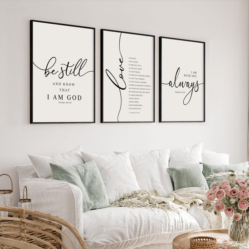 Heiple Framed Be Still and Know that I am God Sign Love is Patient Love is Kind Wall Art Set of 3 with Wooden Frame for Home Bedroom Decor Bible Verse Scripture Art Christian Religious Wall Decor (Black, 11â€x14â€) - Image 1