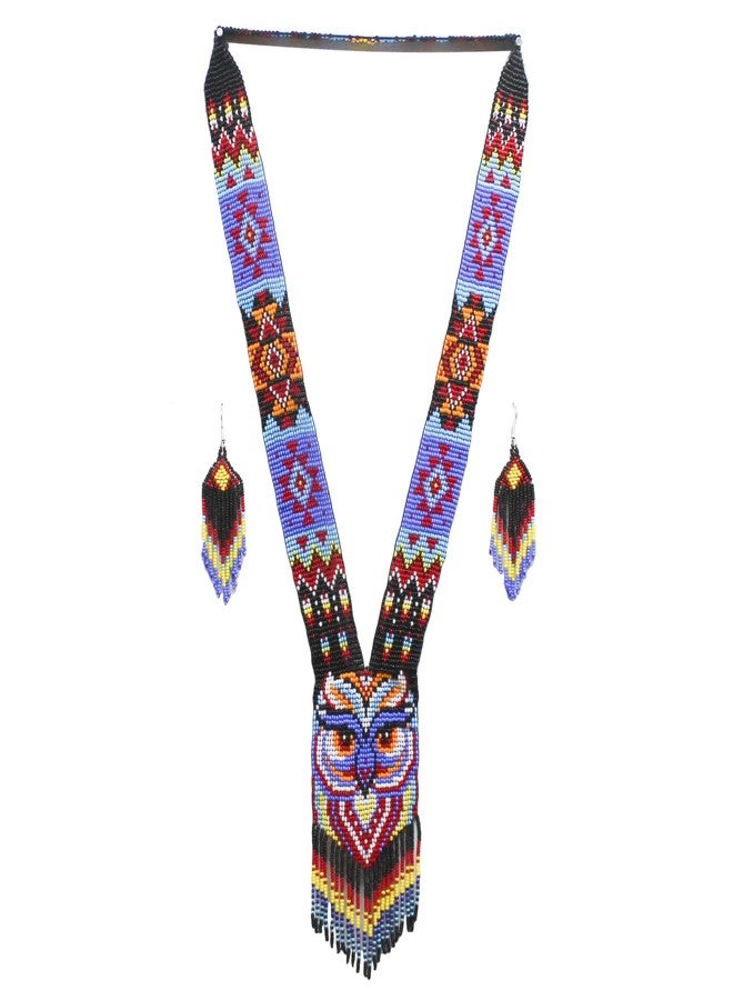 BeadsCorner Native Tribal Style Long Statement Beaded Necklace for Women Handmade (Black Purple Owl) - Image 1
