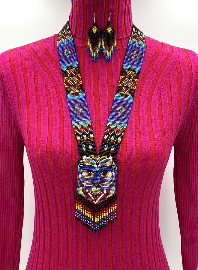 BeadsCorner Native Tribal Style Long Statement Beaded Necklace for Women Handmade (Black Purple Owl) - Image 2