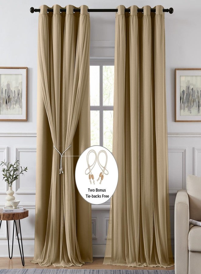 Swandream 100% Blackout Curtains for Bedroom, Double Layer Khaki Curtains, Black Out Curtain 84 inch Long with Sheer Overlay for Living Room, Room Darkening Window Drapes with Grommet, 52" W x 84" L - Image 2