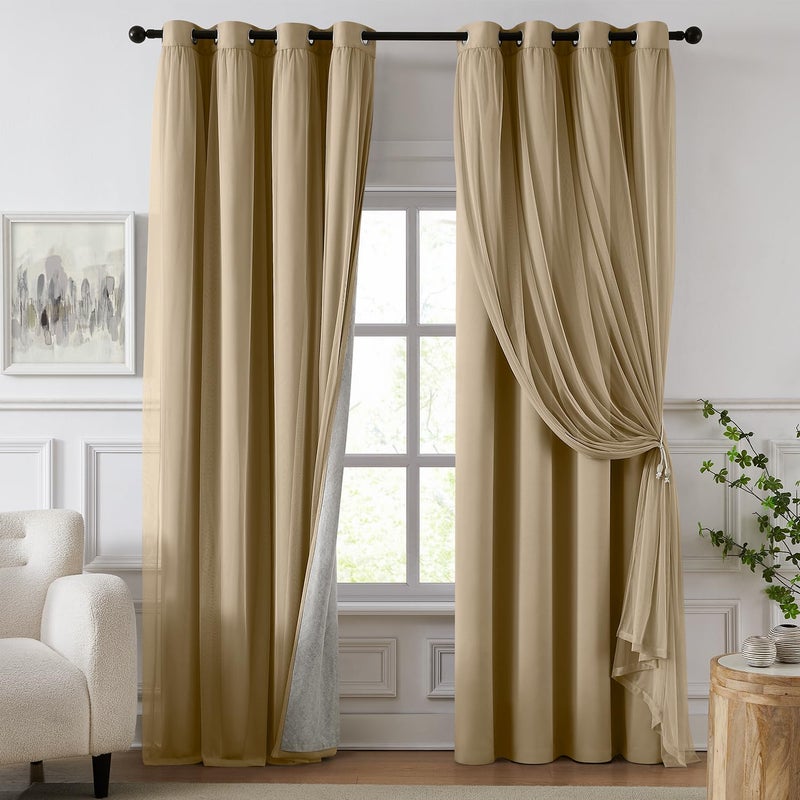 Swandream 100% Blackout Curtains for Bedroom, Double Layer Khaki Curtains, Black Out Curtain 84 inch Long with Sheer Overlay for Living Room, Room Darkening Window Drapes with Grommet, 52" W x 84" L - Image 1