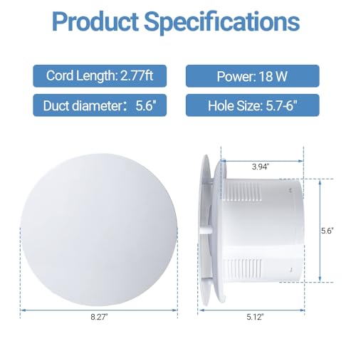 WiseWater Bathroom Round Exhaust Fan, 110V ac 140CFM 6'' Duct 8.3" Panel ABS Vent Fan Wall-mounted Extractor Fan with Accessories for Bathroom, Laundry Room, Office - Image 2