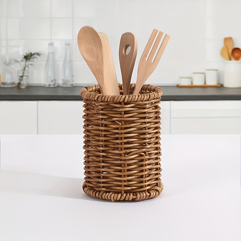 1pc Faux Rattan Utensil Organizer Holder For Knives Spoons And Chopsticks Countertop Tabletop Storage - Image 1