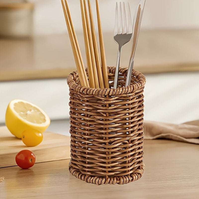 1pc Faux Rattan Utensil Organizer Holder For Knives Spoons And Chopsticks Countertop Tabletop Storage - Image 3