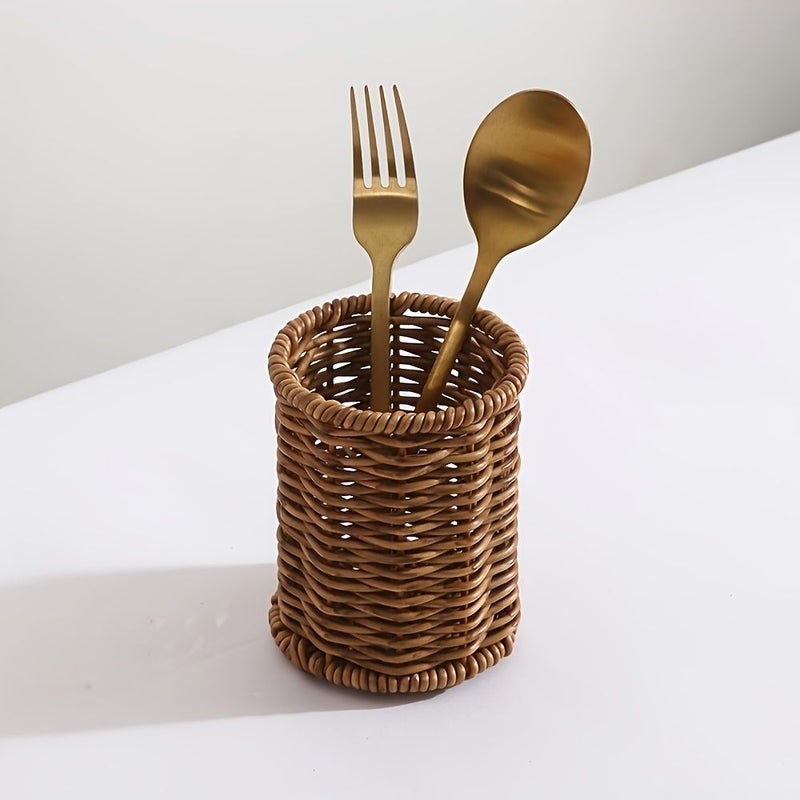 1pc Faux Rattan Utensil Organizer Holder For Knives Spoons And Chopsticks Countertop Tabletop Storage - Image 2
