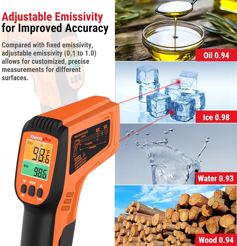 ThermoPro مسدس حرارة ليزر مزدوج TP450 للطهي، مقياس حرارة رقمي بالأشعة تحت الحمراء لفرن البيتزا والشواية، مسدس مقياس حرارة ليزر مع قابلية ضبط الانبعاث الحراري -58℉ إلى 1022℉ (غير مخصص للبشر) - Image 4