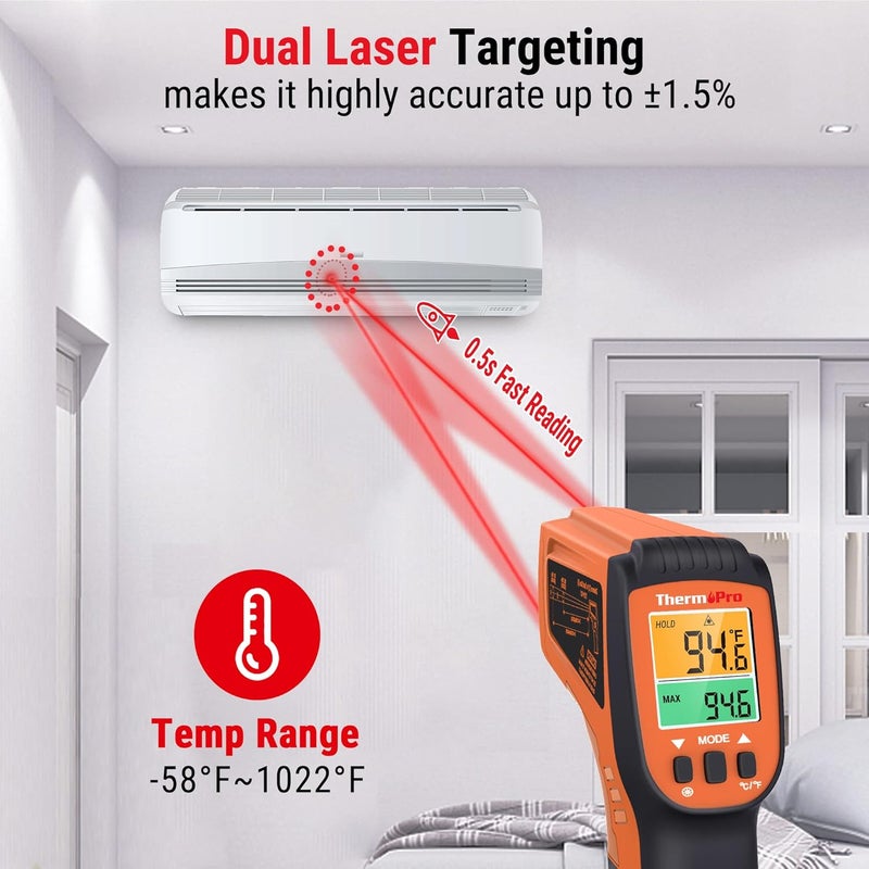 ThermoPro مسدس حرارة ليزر مزدوج TP450 للطهي، مقياس حرارة رقمي بالأشعة تحت الحمراء لفرن البيتزا والشواية، مسدس مقياس حرارة ليزر مع قابلية ضبط الانبعاث الحراري -58℉ إلى 1022℉ (غير مخصص للبشر) - Image 2