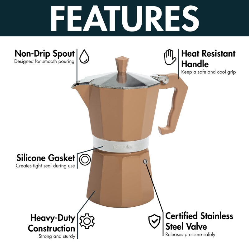 Primula Classic Stovetop Espresso and Coffee Maker, Moka Pot for Italian and Cuban CafÃ© Brewing, Greca Coffee Maker, Cafeteras, 6 Espresso Cups, Caramel - Image 4