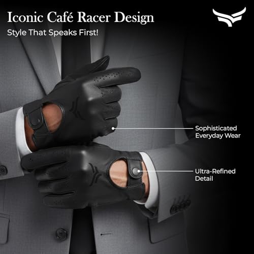 XTRIM Noir Cafe Racer Gloves (Medium) Premium Leather Gloves for Men, Secure Metal Button Closure, Double-Stitched Detailing, Matte Finish, Breathable Lining, Iconic Style for Driving & Riding - Image 5