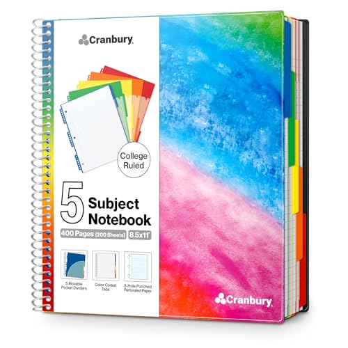 CRANBURY 5-Subject Notebook College Ruled, Movable Pocket Dividers with Tabs, 200 Sheets (400 Pages) 8.5x11 Paper, Colorful Spiral Notebook, Protective Plastic Covers, Multi Subject - Image 1