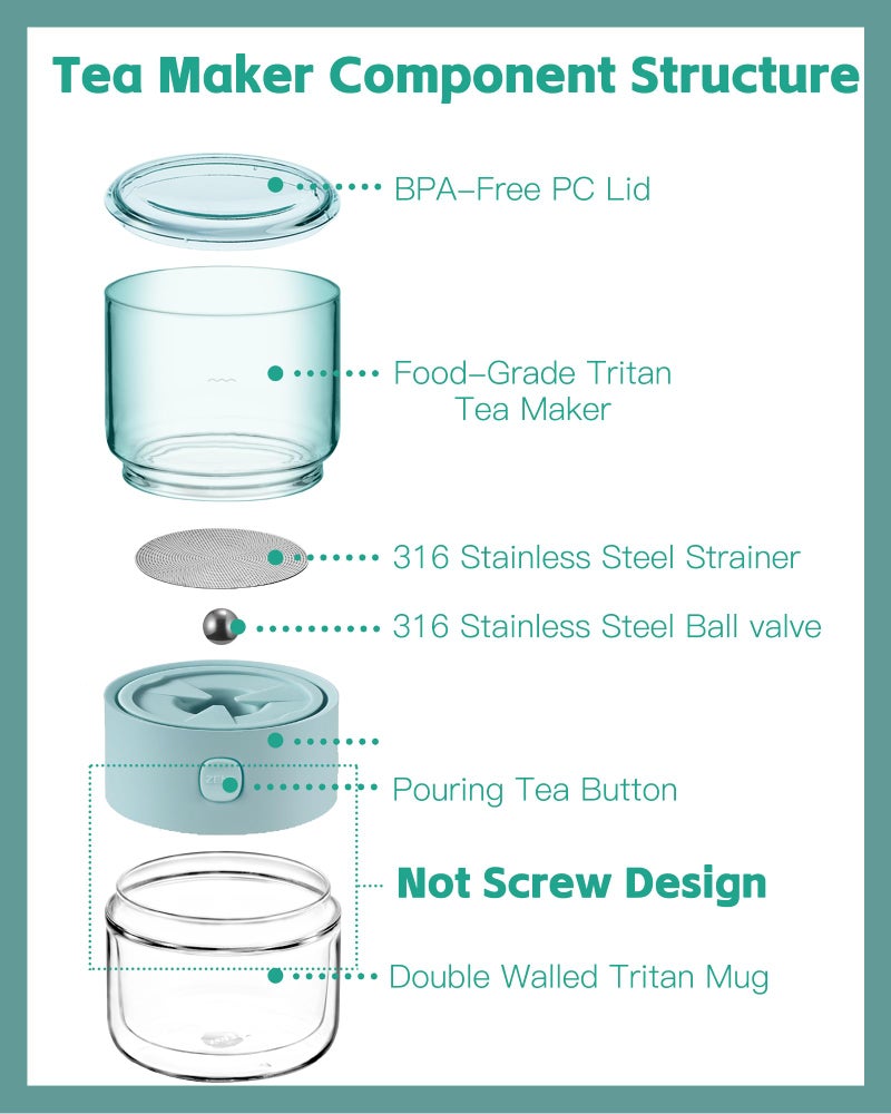 Zens ZENS Modern Small Travel Tritan Tea Infuser Teapot, Smart One Touch Tea Maker for Loose Leaf Tea Steeper, Solo Simple Gong Fu Tea Strainers with Insulated Tea Cup for Hot Tea Diffuser, Tea Gifts  - Image 3