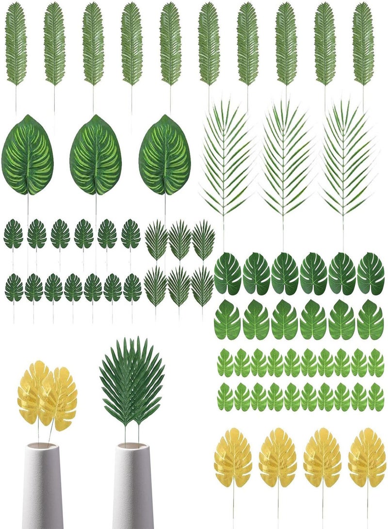 GGOOT Artificial Palm Leaves,Golden Faux Tropical Monstera Leaves With Stems | Green Fake Palm Leaf With Stems For Safari Jungle Hawaiian Luau Party Table Decoration Wedding Birthday Theme Party - Image 1