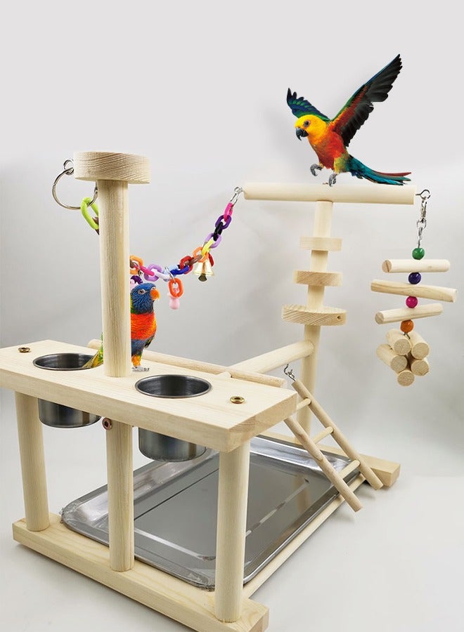 Parrot Wood Playstand Bird Gym Playpen Ladder with Feeder Cups - Image 5