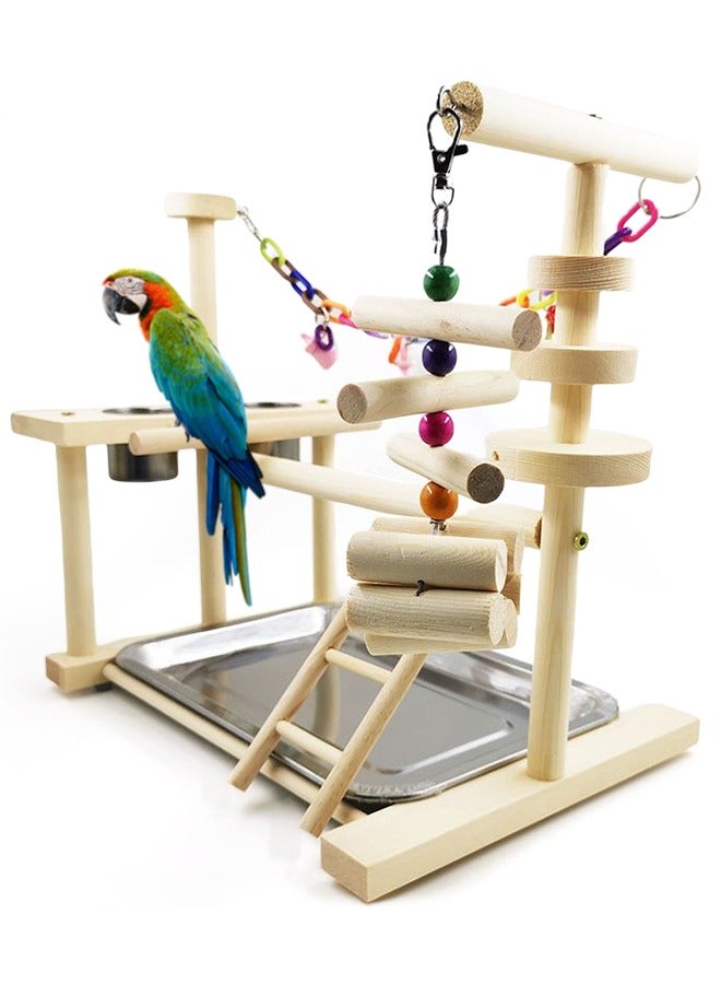 Parrot Wood Playstand Bird Gym Playpen Ladder with Feeder Cups - Image 1
